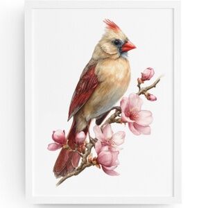 Watercolor Female Cardinal Bird with Flowers Wall Art Print Unframed